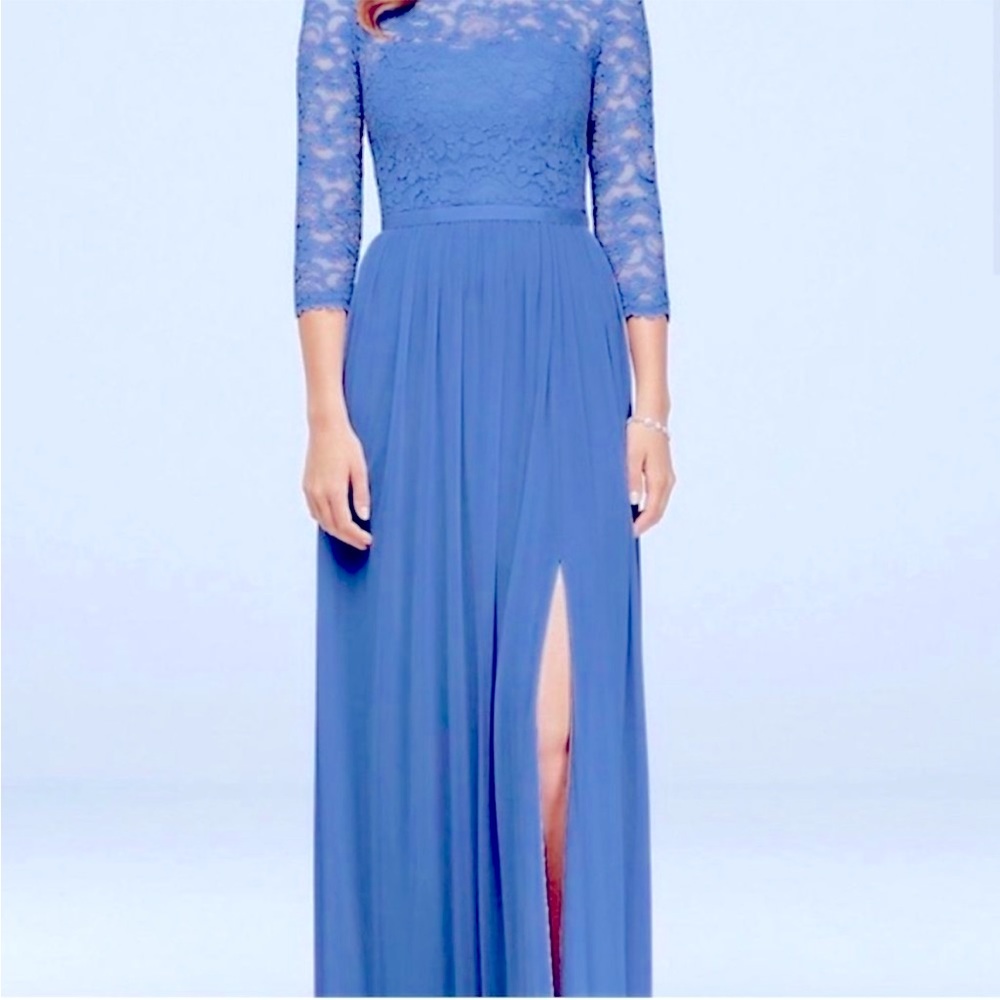 David’s Bridal Lace Illusion Dress - Steel Blue
